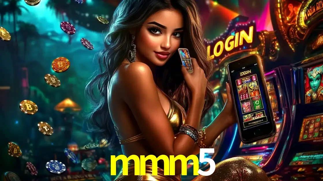 Mulher em um cenário de cassino temático de aventura, mostrando o app de caça-níqueis da mmm5 no celular. Fichas de apostas flutuam ao redor.