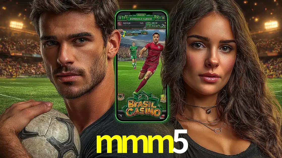 Homem segurando uma bola de futebol e uma mulher ao lado de um smartphone exibindo o jogo de apostas esportivas da mmm5. Faça seu palpite no cassino online.